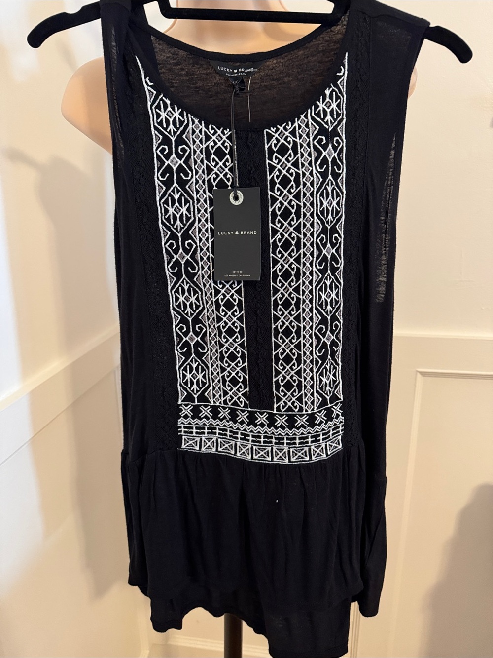 Lucky Brand Black Sleeveless Tunic with White Embroidered Front Panel